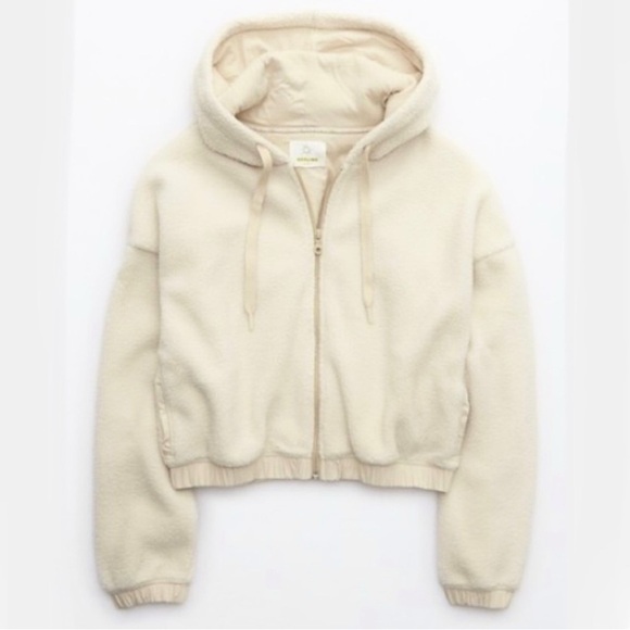 Offline By Aerie Jacket Cropped Sherpa Cream Zip Up Hoodie Cozy Teddy Small New - Picture 1 of 10